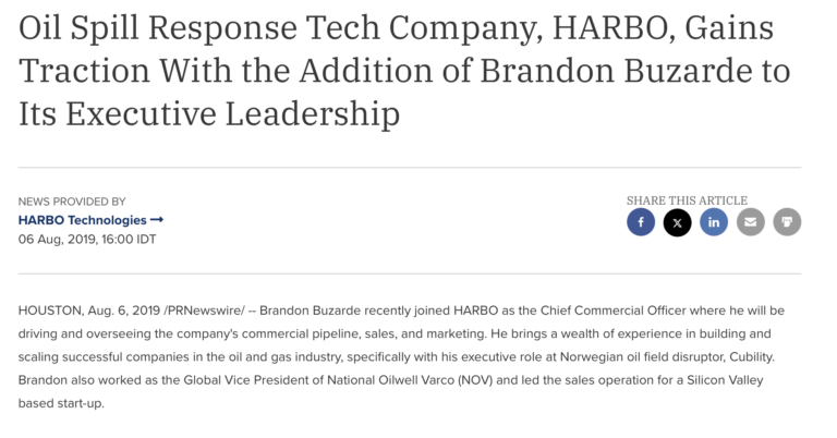 Oil Spill Response Tech Company, HARBO, Gains Traction With the Addition of Brandon Buzarde to Its Executive Leadership